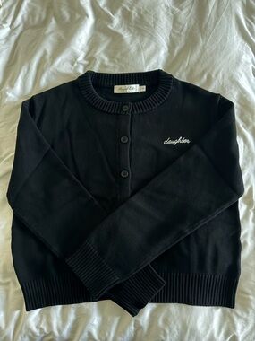 Daughter Embroidered Black Crewneck Cardigan Sweater